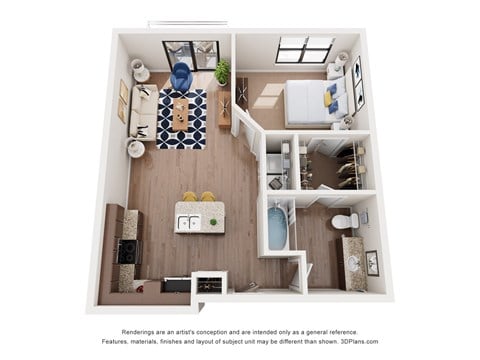 Floor plan for 1 bed, 1 bath, 678 sqft